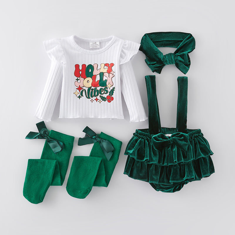 (In Stock E34-4-1)Baby Girls Christmas Holly Jolly Print Bloomer Set