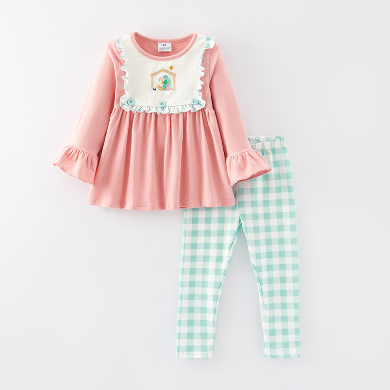 (In Stock E34-3-2)Girls Christmas Embroidery Outfit Set