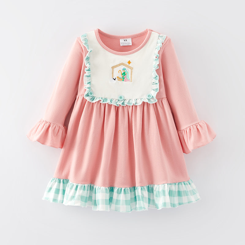 (In Stock E34-2-2)Girls Christmas Embroidery Cotton Dress