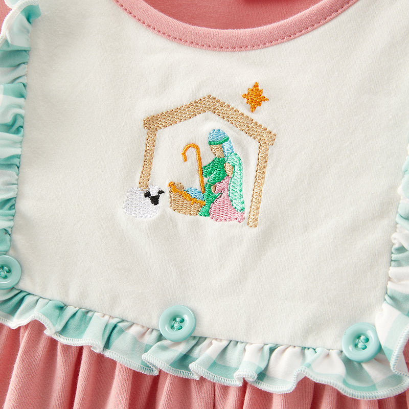 (In Stock E34-2-2)Girls Christmas Embroidery Cotton Dress