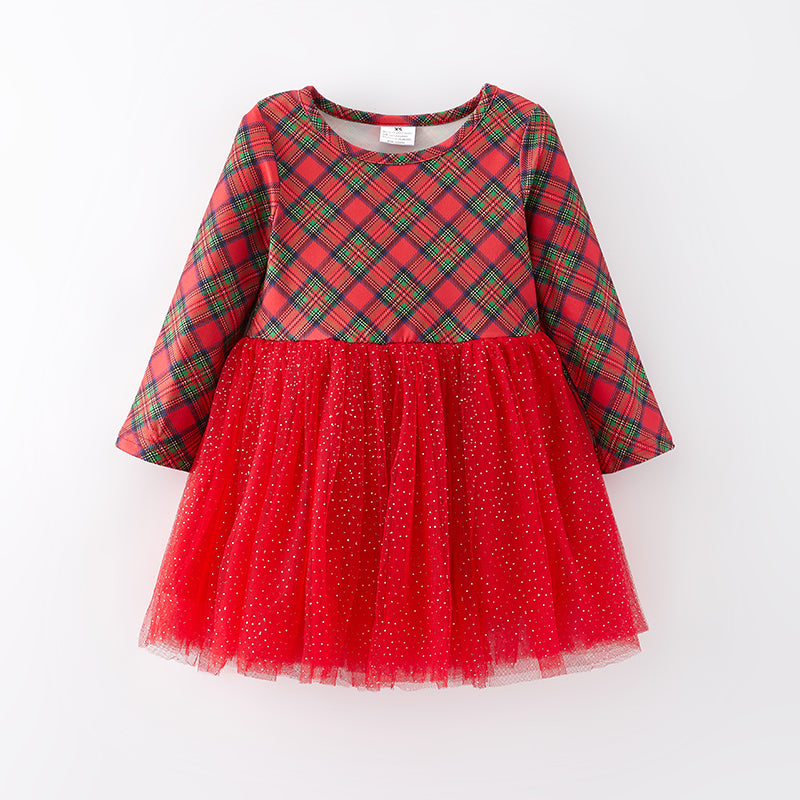 (In Stock E34-4-3)Girls Christmas Plaid Tulle Dress