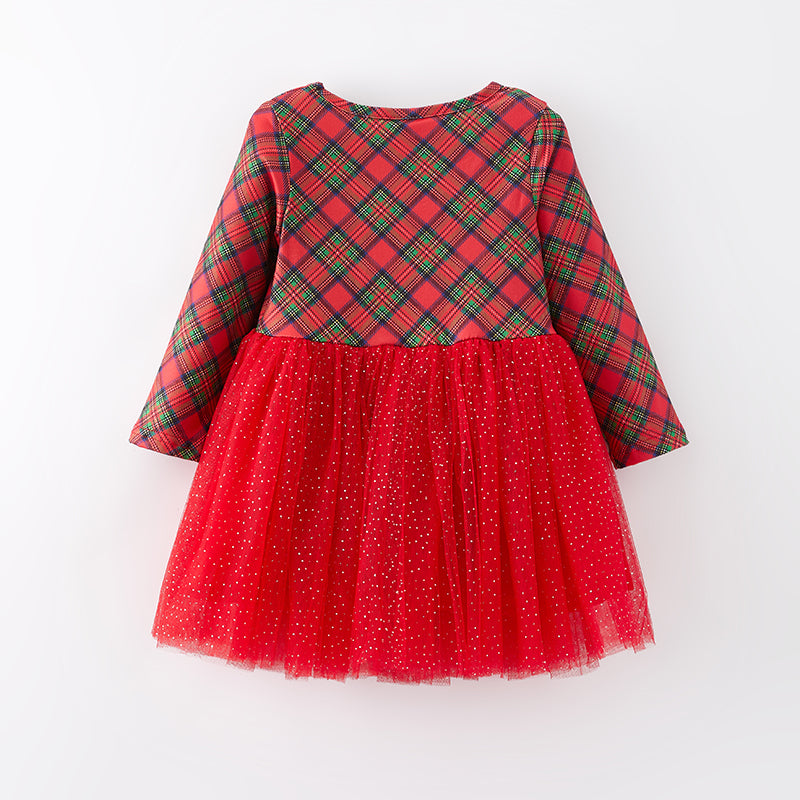 (In Stock E34-4-3)Girls Christmas Plaid Tulle Dress