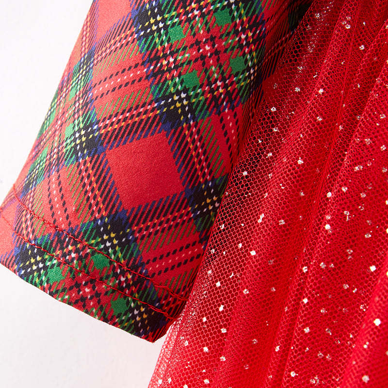 (In Stock E34-4-3)Girls Christmas Plaid Tulle Dress