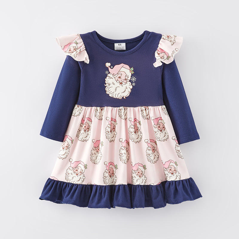 (In Stock E34-5-3)Girls Christmas Santa Print Dress