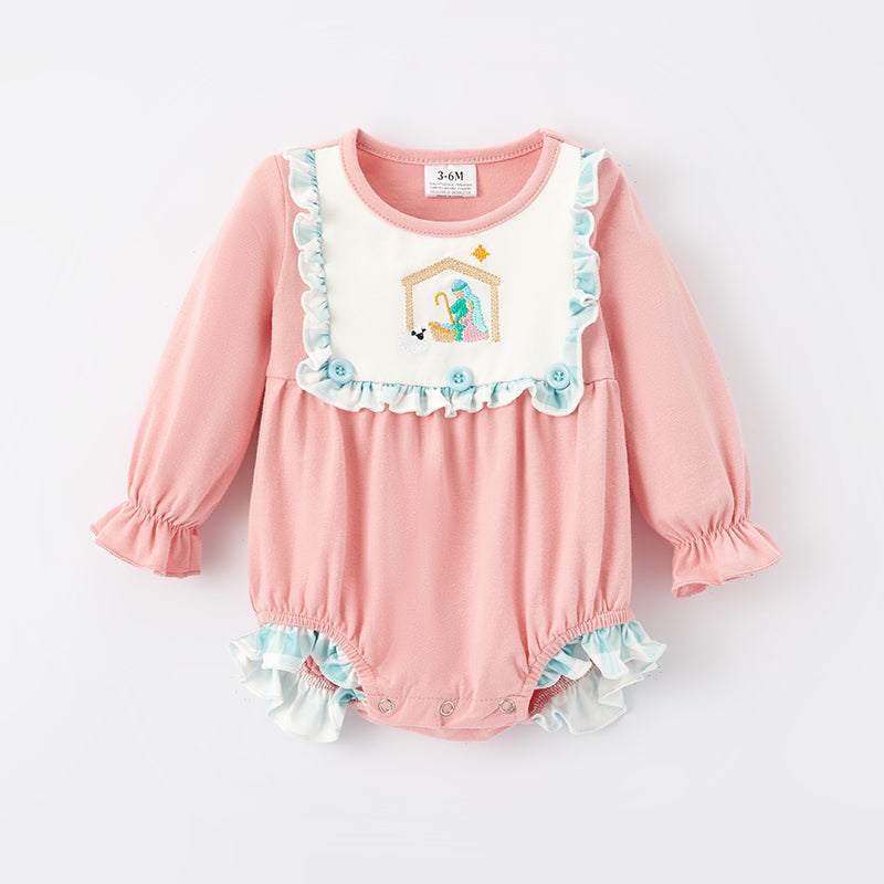 (In Stock E36-1-3)Baby Girls Christmas Embroidery Cotton Romper
