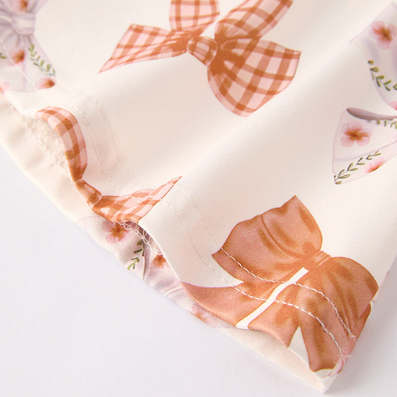(In Stock)Girls Fall Bow Print Cotton Top Milk Silk Pants Set
