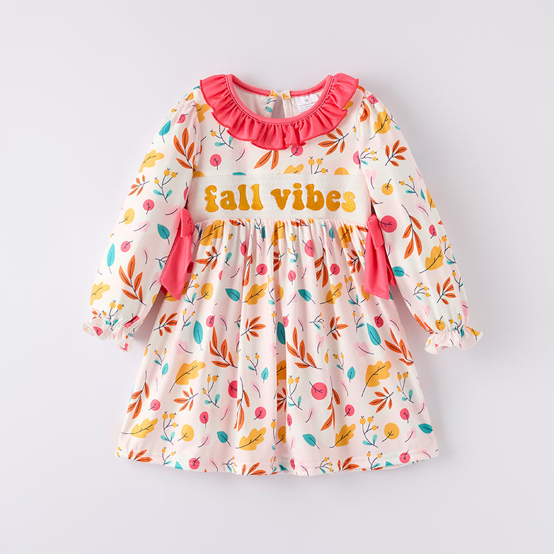 (In Stock)Girls Fall Vibes Embroidery Smocked Dress