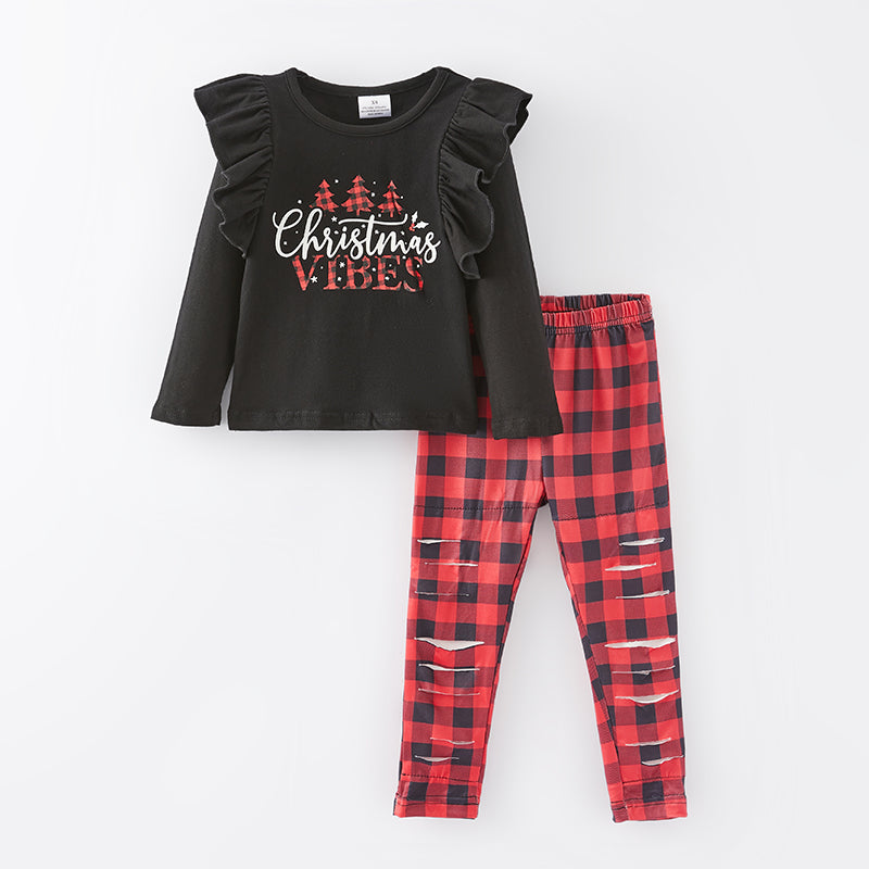 (In Stock E35-3-2)Girls Christmas Print Outfit Set