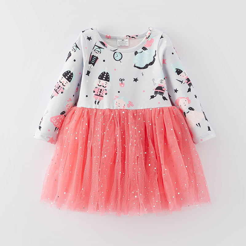 (In Stock E35-3-2)Girls Christmas Print Tulle Dress