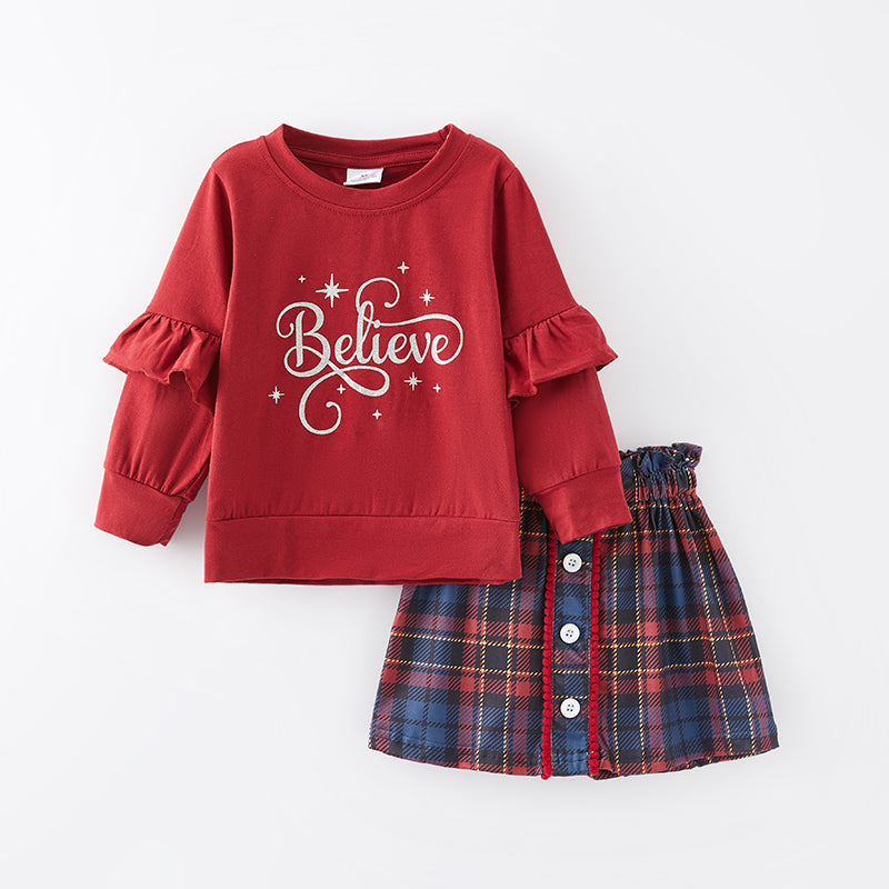 (In Stock E35-6-2)Girls Christmas Believe Print Skirt Set