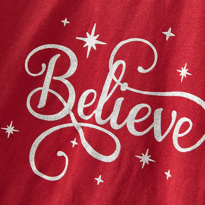 (In Stock E35-6-2)Girls Christmas Believe Print Skirt Set