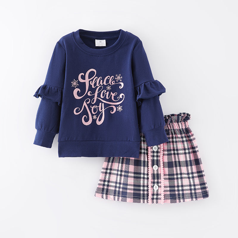 (In Stock E36-4-2)Girls Christmas Print Skirt Set