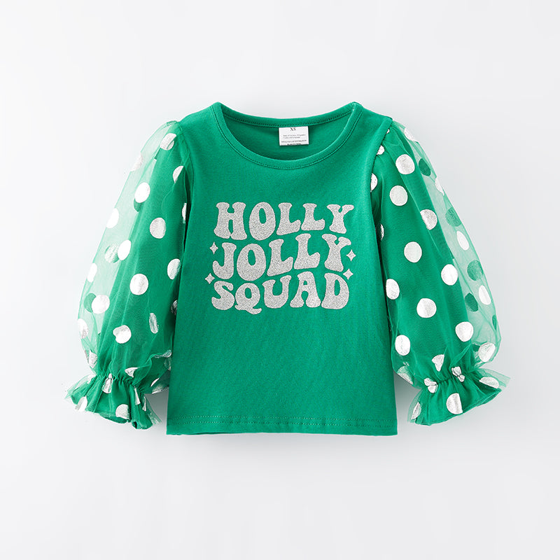 (In Stock E36-5-2)Girls Christmas Holly Jolly Print Top