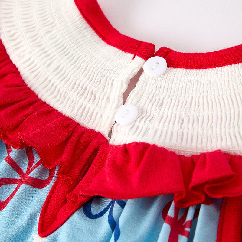 (In Stock)Toddler Girls Patriotic Bow Embroidery Smocked Romper