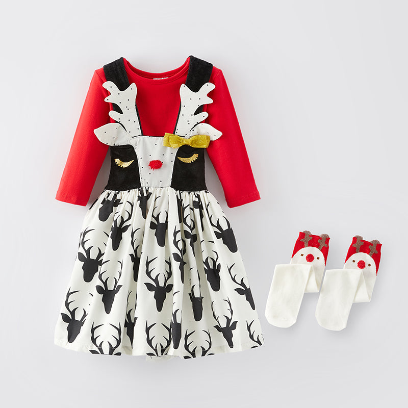 (In Stock G25-1-1)Girls Christmas Elk Suspender Dress with Socks