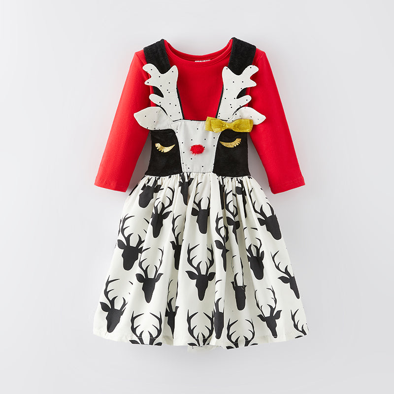 (In Stock L16-2-3)Girls Christmas Elk Suspender Dress