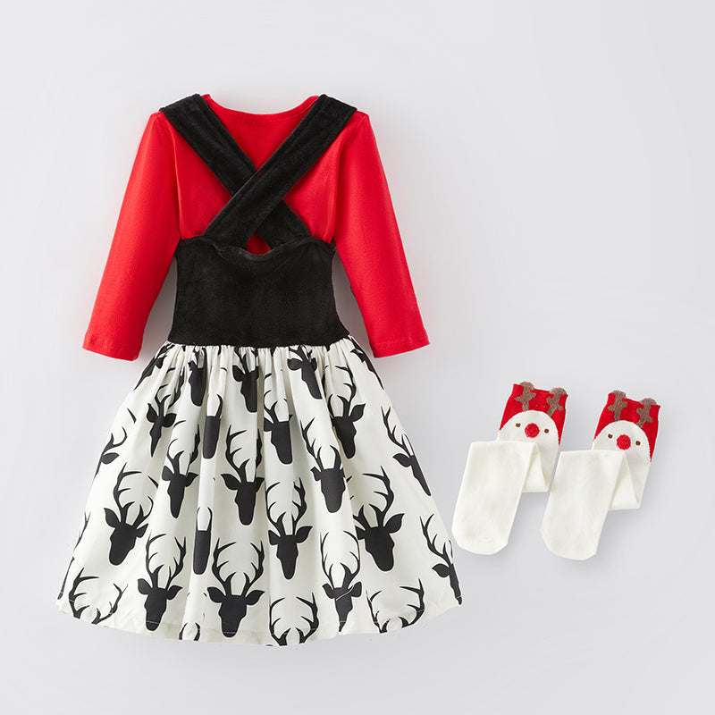 (In Stock G25-1-1)Girls Christmas Elk Suspender Dress with Socks