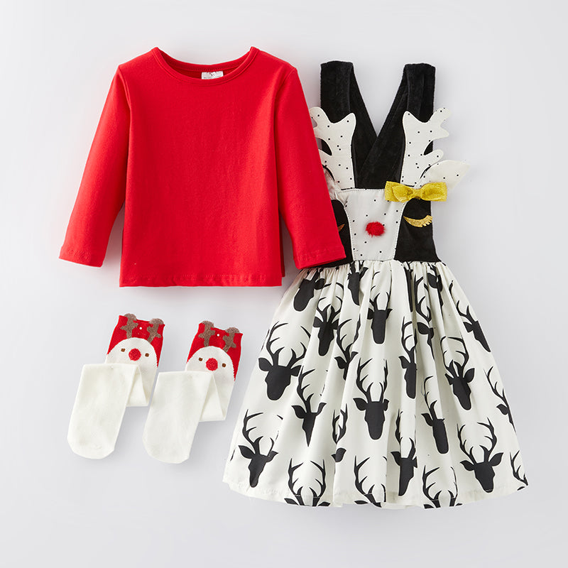 (In Stock G25-1-1)Girls Christmas Elk Suspender Dress with Socks