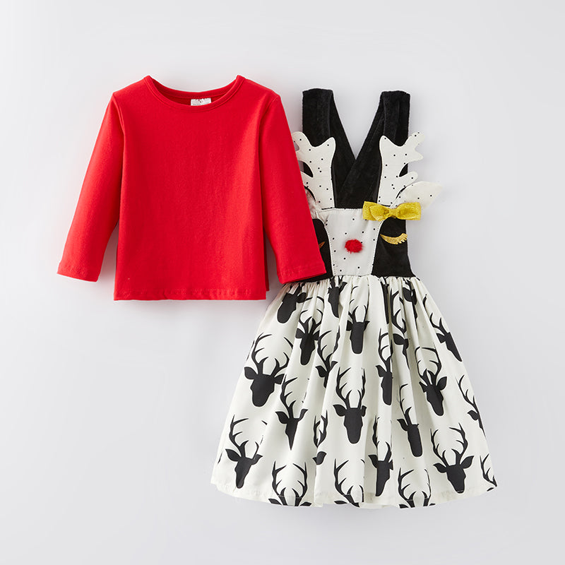 (In Stock L16-2-3)Girls Christmas Elk Suspender Dress