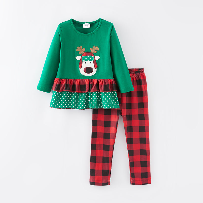 (In Stock L15-3-2)Girls Christmas Elk Applique Outfit Set
