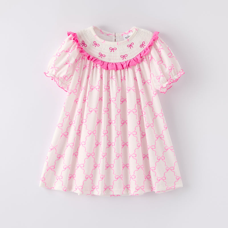 (In Stock)Girls Spring and Summer Bow Embroidery Smocked Dress