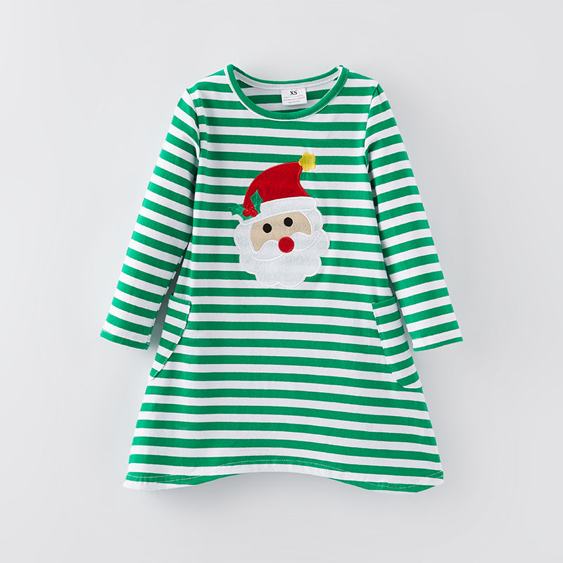 (In Stock G23-2-1)Girls Christmas Santa Applique Green Stripe Dress
