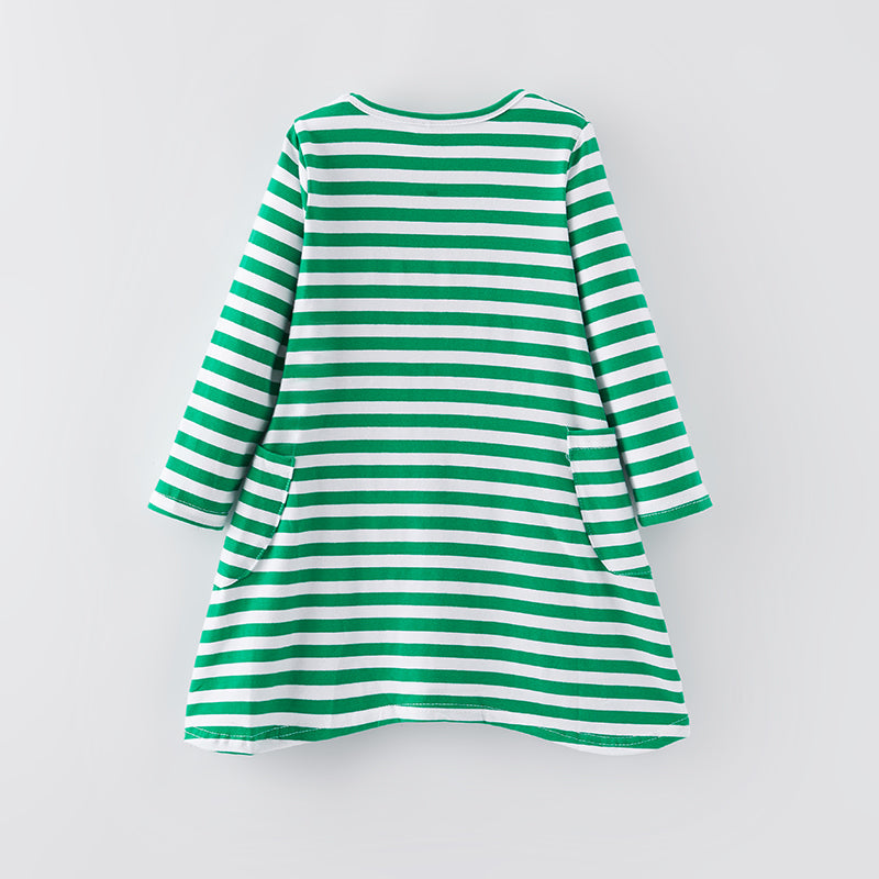 (In Stock G23-2-1)Girls Christmas Santa Applique Green Stripe Dress