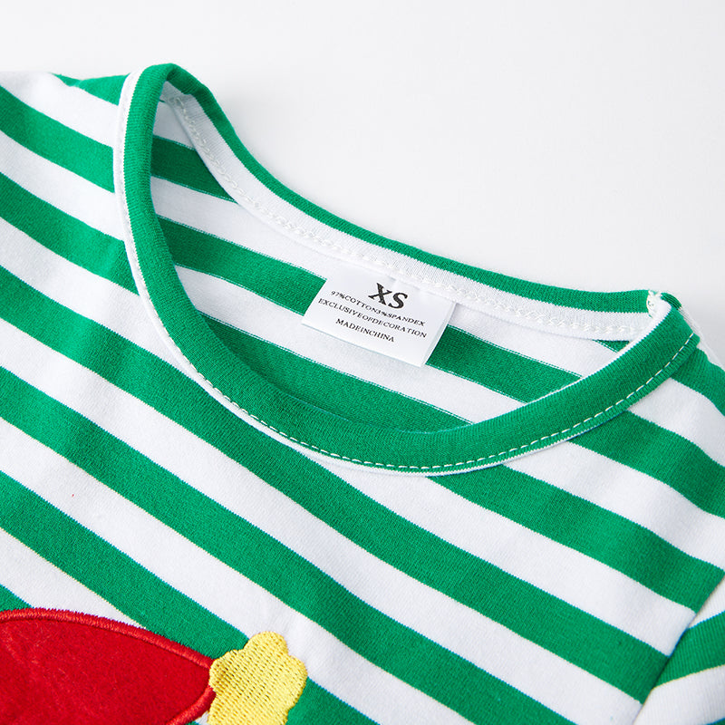 (In Stock G23-2-1)Girls Christmas Santa Applique Green Stripe Dress