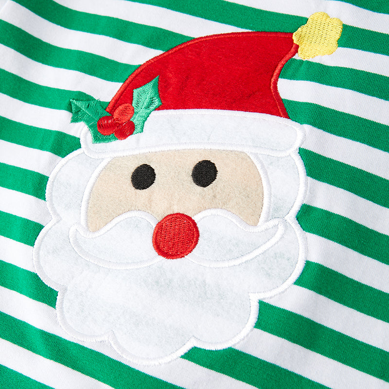 (In Stock G23-2-1)Girls Christmas Santa Applique Green Stripe Dress