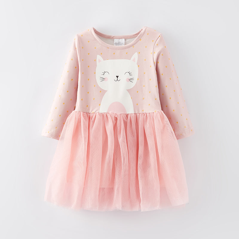 (In Stock L22-2-1)Girls Fall Kitty Print Tulle Dress
