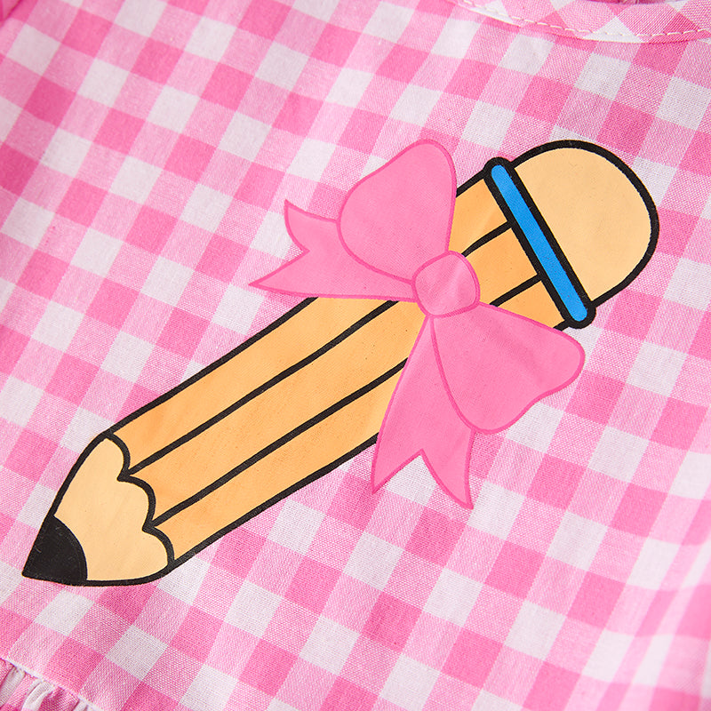 (Restock)Girls Back To School Pencil Print Denim Shorts Set