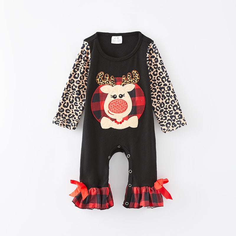 (In Stock L35-1-2)Baby Girls Christmas Elk Applique Romper