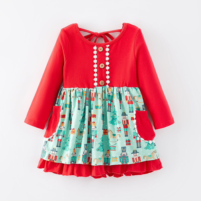 (In Stock G25-1-1)Girls Christmas Nutcracker Print Dress