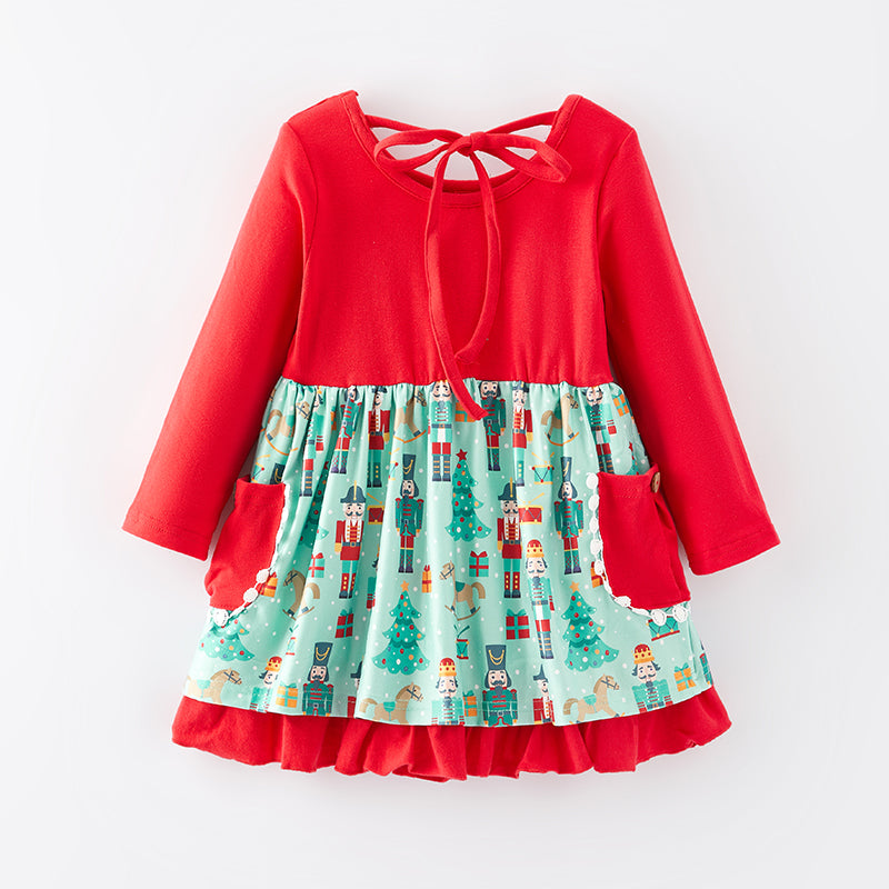 (In Stock G25-1-1)Girls Christmas Nutcracker Print Dress