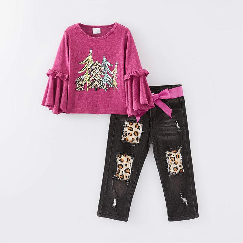 (In Stock G33-3-2)Girls Christmas Print Denim Set