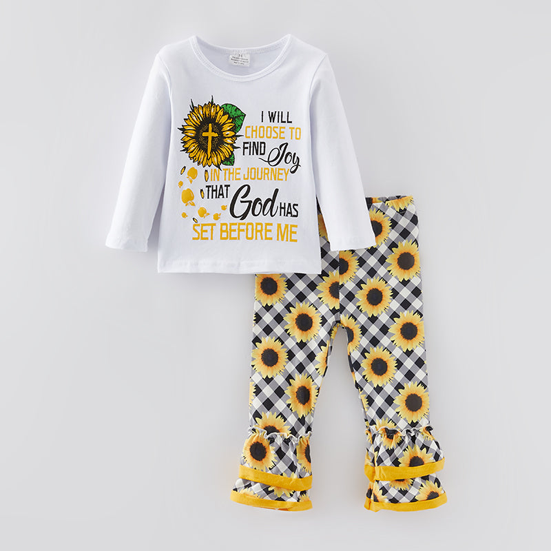 (In Stock G19-2-2)Girls Fall Sunflower Print Outfit Set