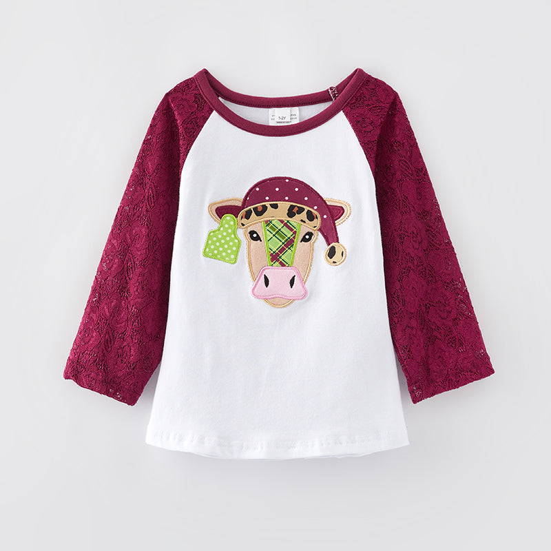 (In Stock L10-3-1)Girls Fall Cow Applique Top