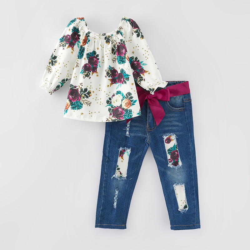 (In Stock G20-1-3)Girls Fall Floral Print Denim Set