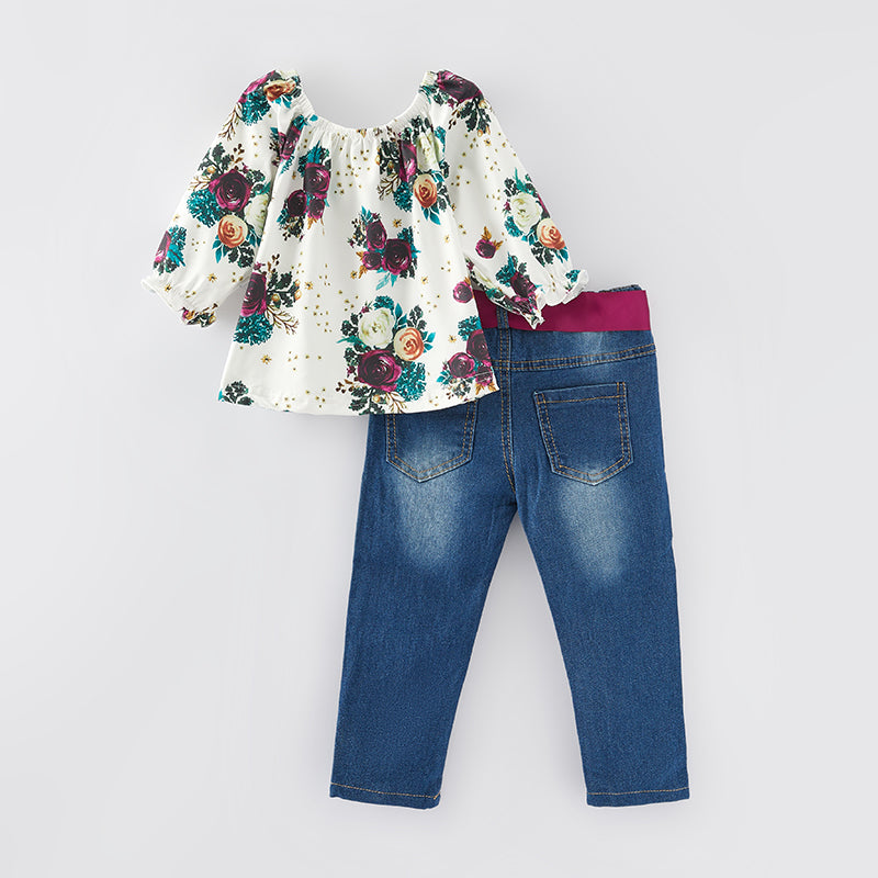(In Stock G20-1-3)Girls Fall Floral Print Denim Set
