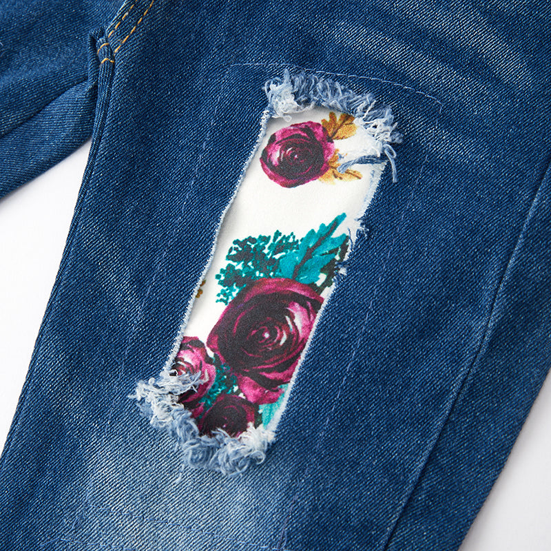 (In Stock G20-1-3)Girls Fall Floral Print Denim Set