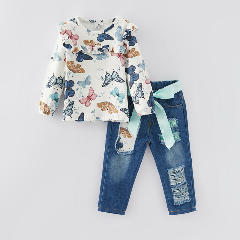 (In Stock G19-5-3)Girls Fall Butterfly Print Denim Set