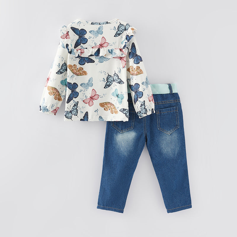 (In Stock G19-5-3)Girls Fall Butterfly Print Denim Set