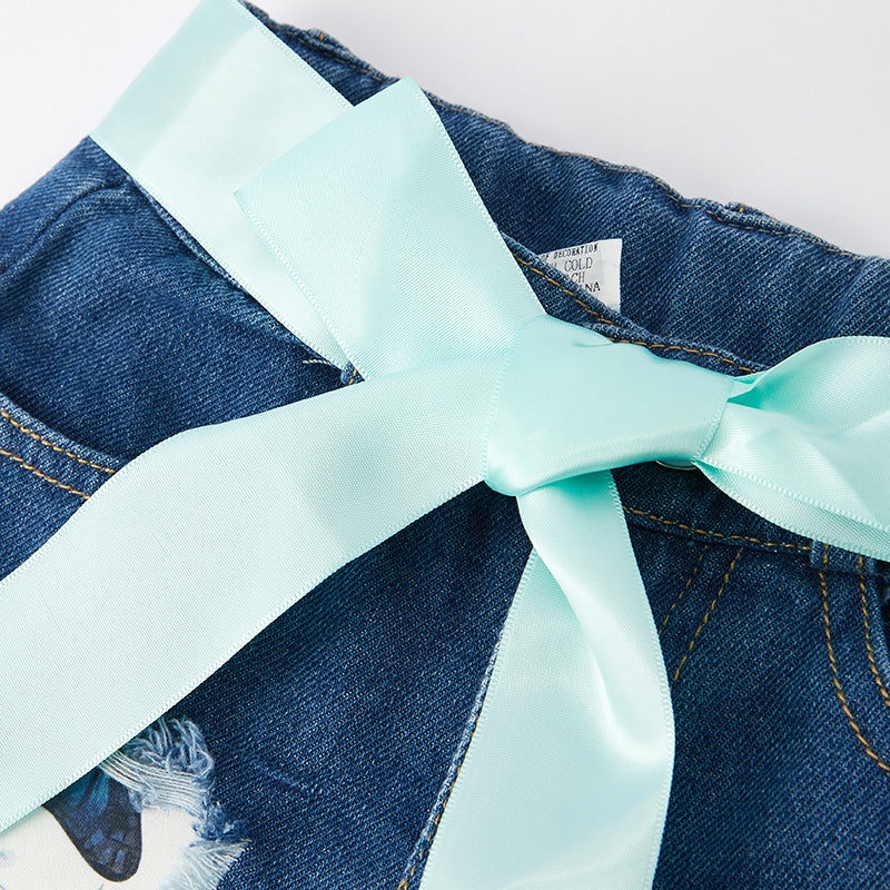 (In Stock G19-5-3)Girls Fall Butterfly Print Denim Set