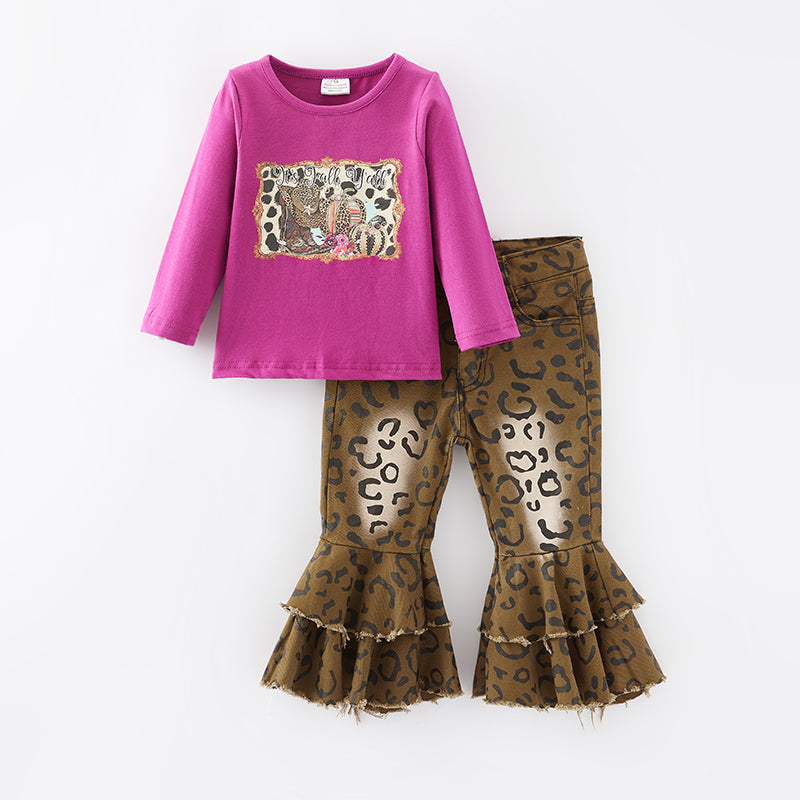 (In Stock G19-1-3)Girls Fall Leopard Print Denim Set