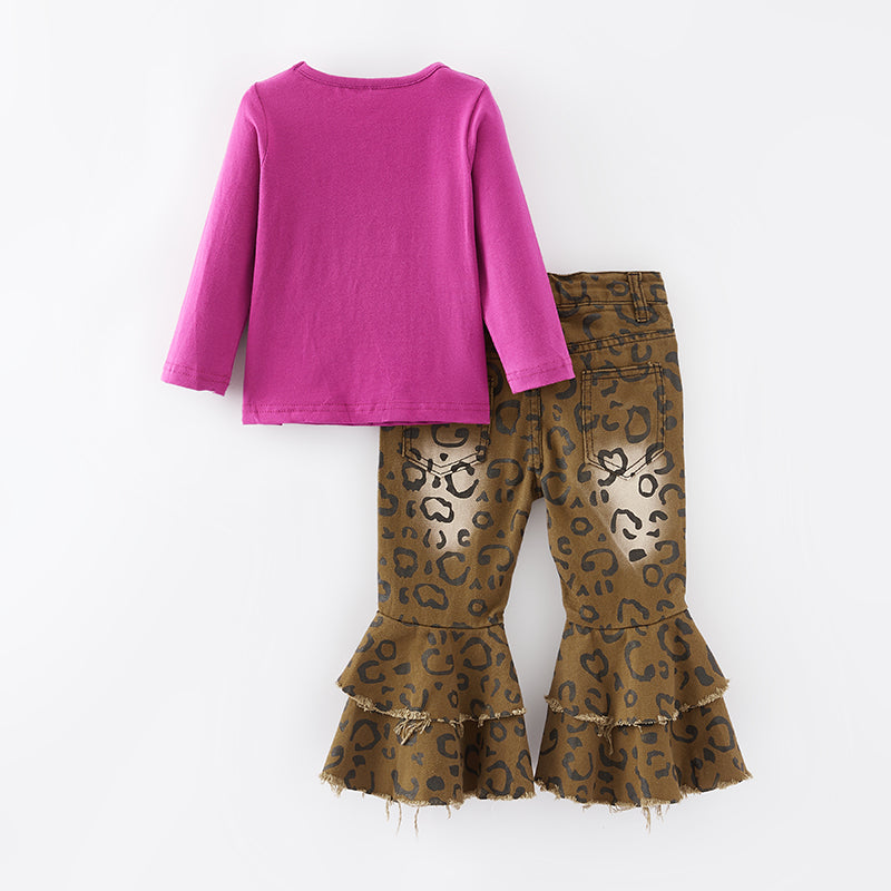 (In Stock G19-1-3)Girls Fall Leopard Print Denim Set