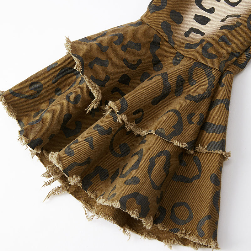 (In Stock G19-1-3)Girls Fall Leopard Print Denim Set