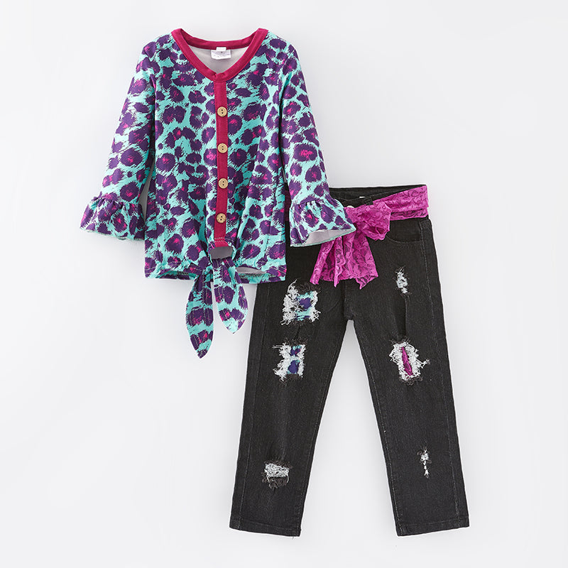 (In Stock L15-3-2)Girls Fall Leopard Print Denim Set