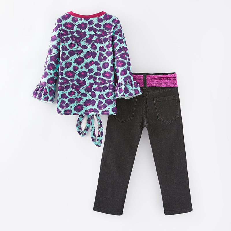 (In Stock L15-3-2)Girls Fall Leopard Print Denim Set