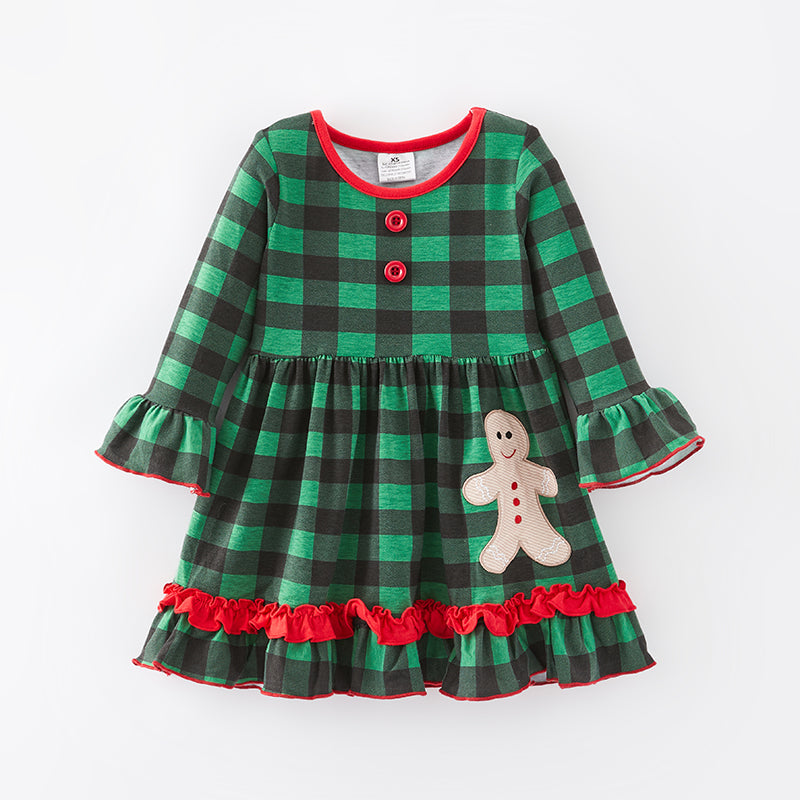 (In Stock E35-3-3)Girls Christmas Gingerbread Man Applique Dress