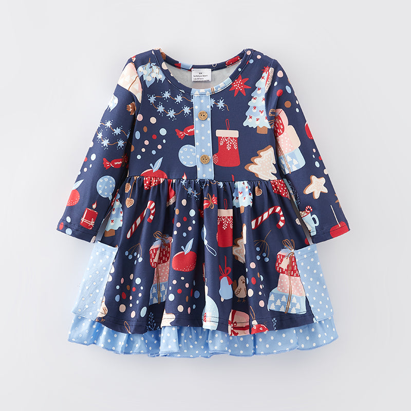 (In Stock E35-2-3)Girls Christmas Print Dress